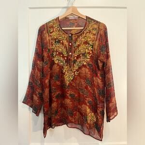 Calypso Christiane Celle embroidered floral silk fall boho Lagenlook top sz S